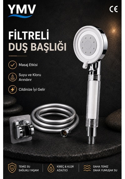 Ymv Duş Başlığı Seti Pvc Hortumlu Ayarlanabilir Askılı Fonksiyonel Banyo Duş Seti Beyaz