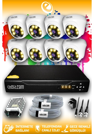Elitcam 8 Kameralı Dome 8 İç Kamera Set HDD'siz Full HD Renkli Gece Görüşlü Güvenlik Kamerası Sistemi