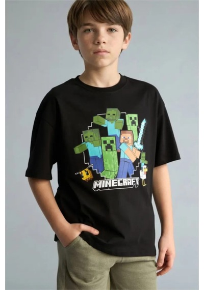 Defacto Minecraft Oversıze Bisiklet Yaka Kısa Kollu Tişört Erkek Çocuk H3512a826smbk81 Siyah-bk81