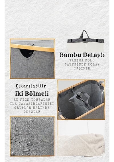Bambu Çerçeveli 150 Litre Kapaklı Katlanabilir Çamaşır Sepeti, 2 Bölmeli Kirli Sepeti 70 X 57 X 37 Gri