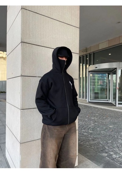 Mbb E-ticaret Erkek 3 İplik Samuray Kapüşonlu Zıp Fermuarlı Sweatshirt Hoodie - Siyah