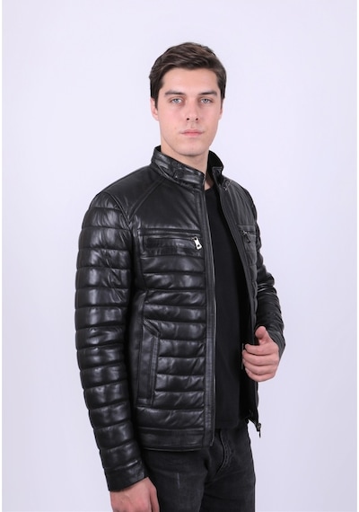 New Zaya Leather Erkek Siyah Şişme Deri Mont Hakiki Deri Siyah