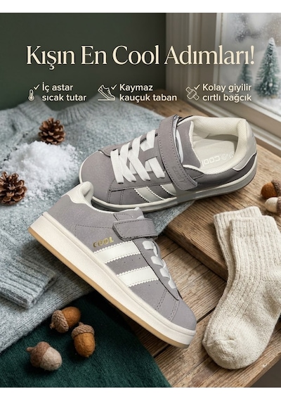 Cool Kids Çocuk Unisex Kışlık Su Geçirmez Kaydırmaz Hafif Kauçuk Taban Rahat Deri Spor Ayakkabı Gri