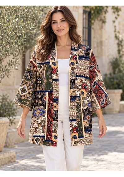 Tencelle Woman Kadın Çok Renkli Şal Desenli Rahat Kesim Truvakar Kol Kimono Ceket Renk Tencelle Woman Kadın Çok Renkli Şal Desenli Rahat Kesim Truvakar Kol Kimono Ceket Renk