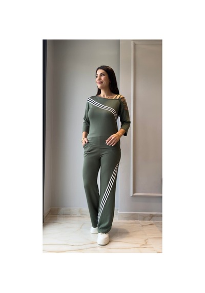 Butik İstanbul Kadın Uzun Kollu Truvakar Kol Tek Omuz Çapraz Şerit Detaylı Ribanalı Viskon Iki Iplik Bluz Ve Pantolon Ikili Takım Yeşil