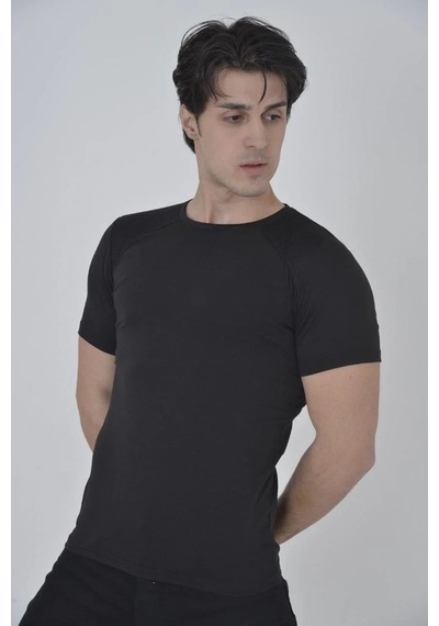Erkek Omuz Fileli T-shirt Kısa Kol Bisiklet Yaka Slimfit Tişört - Siyah Siyah