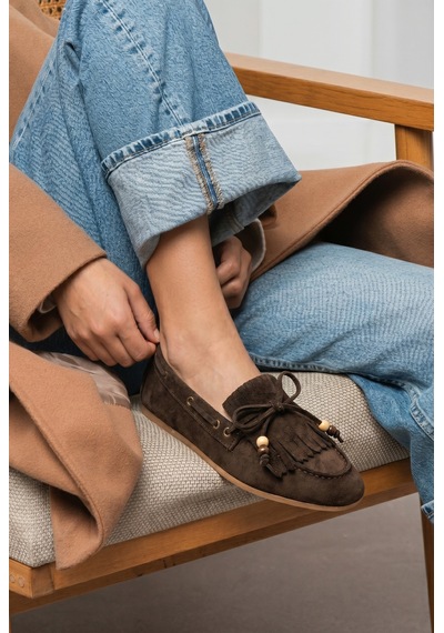 Giamgia Store Püsküllü Boncuk Detaylı Kahverengi Süet Makosen Loafer Ayakkabı-2415