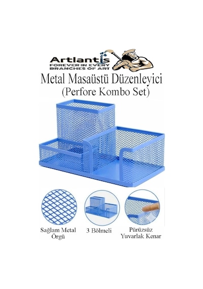 Mavi Metal Evrak Rafı 3 Lü Ve Masaüstü Kalemlik 1 Paket Masaüstü A4 Dosya 3 Katlı Düzenleyici Kağıt Tepsisi Metal Mavi
