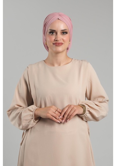 Hürrem Bone Pudra Pratik Hazır Geçmeli Tesettür Bone Sandy Büzgülü Salaş 2119 06 Pudra