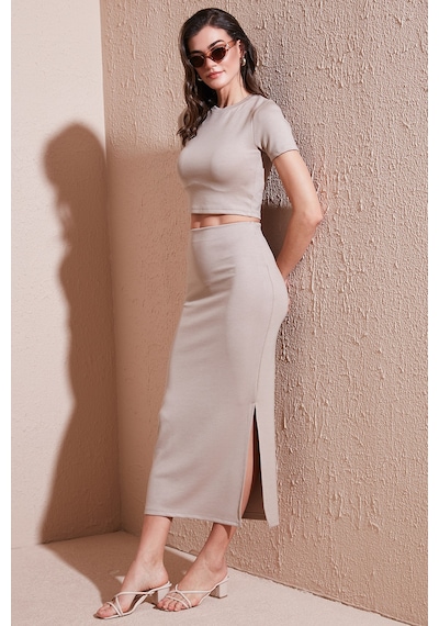 Lela Slim Fit Yırtmaç Detaylı Uzun Etekli Crop Bayan Takım 5866148 Taş