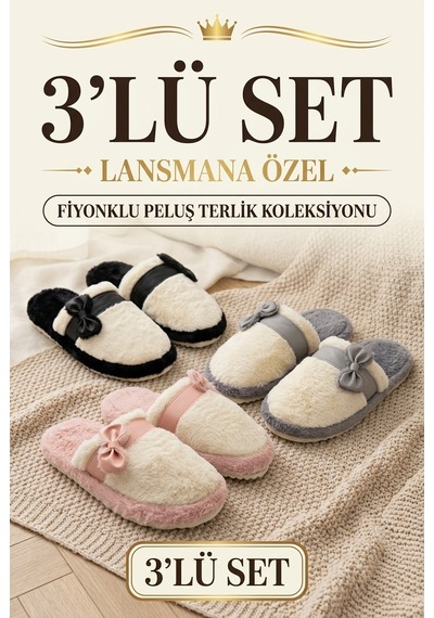 Stwenn 3 Lü Avantajlı Paket Kışlık Peluş Desenli Sessiz Ortopedik Taban Çeyiz Misafir Ev Terliği Set 3 Lü Osimen