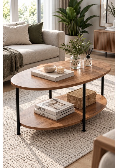 Oval Orta Sehpa 90 Cm İki Katlı Raflı Metal Ayaklı Modern Dekoratif Salon Sehpası Çam