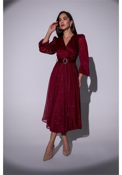 Dip Moda Dipmoda Kadın Kemerli Kruvaze Yaka Simli Gece Elbisesi Dpnbmy3590 Bordo