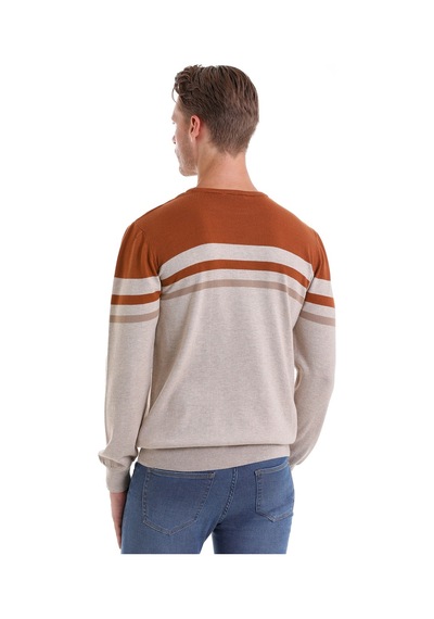 Hatemoğlu Bej Comfort Fit Desenli Pamuklu Bisiklet Yaka Casual Triko Kazak Bej