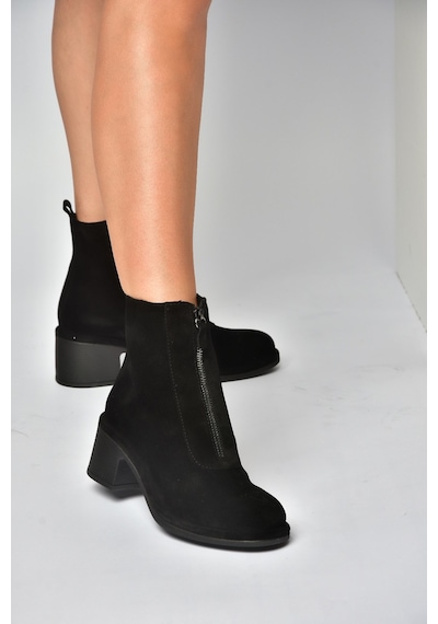Fox Shoes Z555671002 Siyah Hakiki Deri Süet Kalın Topuklu Kadın Bot