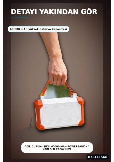 Acil Durum Işıklı 60000 Mah Powerbank - 4 Kablolu 22.5w Hızlı Şarj, Taşıma Saplı Bx-313566 Çok Renkli