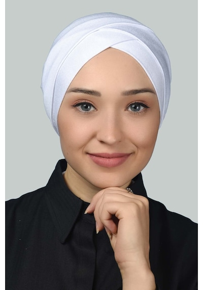 Altobeh Dört Bantlı Çapraz Dış Tesettür Bonesi Hazır Türban Penye -Beyaz Altobeh Dört Bantlı Çapraz Dış Tesettür Bonesi Hazır Türban Penye -Beyaz