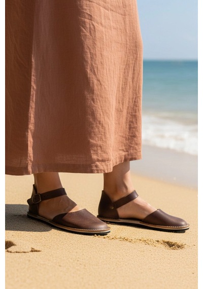 Bodhi Handcraft Kadın Barefoot Hakiki Deri Minimalist Günlük Sandalet El İmalatı Koyu Kahverengi