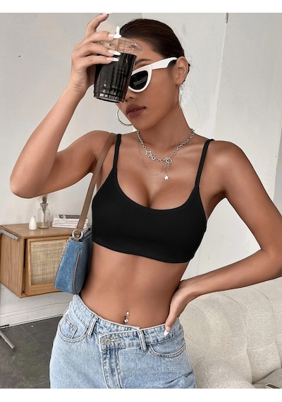 Liona Kadın Siyah Renk Sırtı Açık İpli Sütyen Stil Super Crop Mini Büstiyer 001