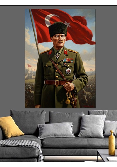 Atatürk Türk Bayrağı Altında Üniformalı Dekoratif Kanvas - Mdf Ahşap Tablo
