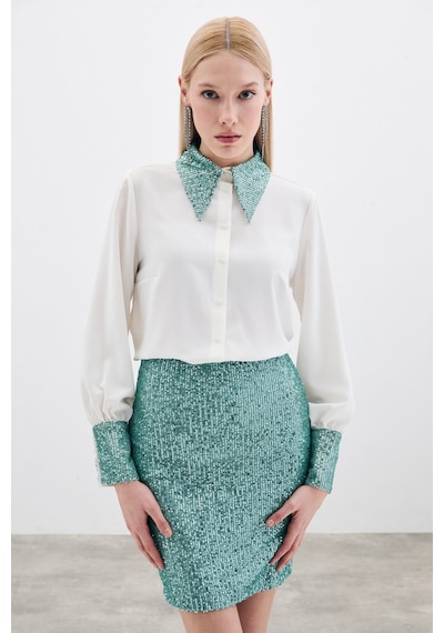 Sateen Payet Detaylı Gömlek - Ekru-mint-135659 Ekru-mint Ekru - Mint