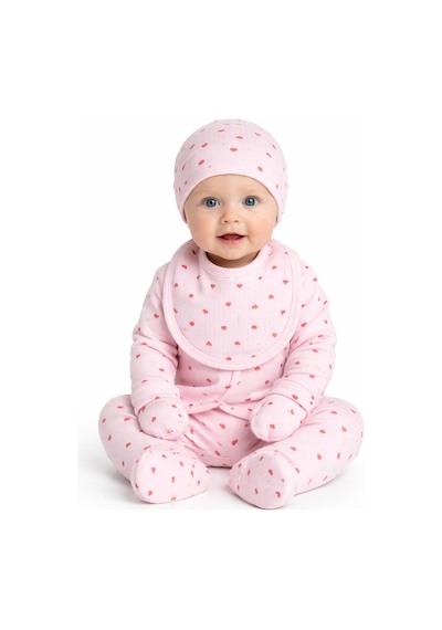 Baby Shez %100 Pamuklu Fitilli 5 Parça Yenidoğan Hastane Çıkışı Kalpli Zıbın Set Pembe