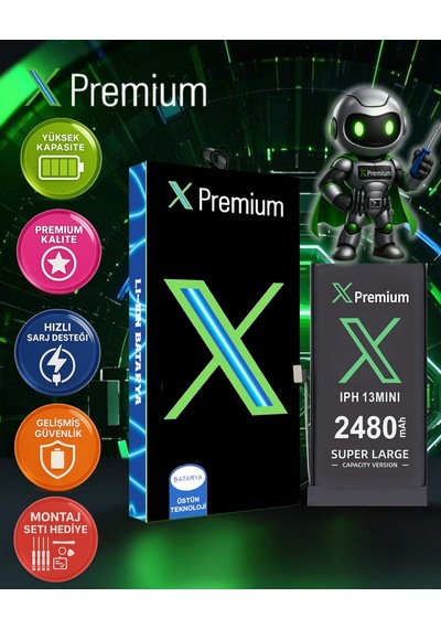 Apple Uyumlu iPhone  13 Mini Batarya Pil Süper Yüksek Kapasiteli Güçlendirilmiş 2480 Mah Xpremium
