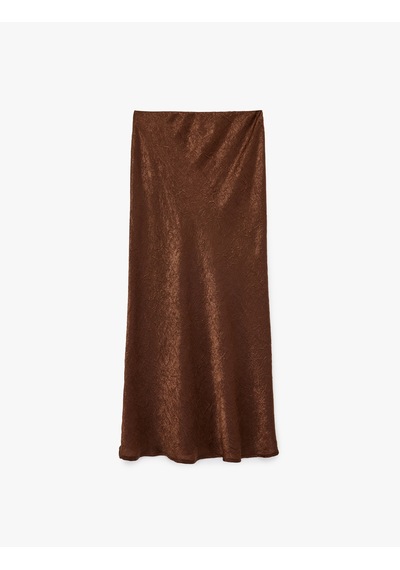 Koton Balık Kesim Slim Fit Midi Boy Dokulu Saten Etek Kahverengi 6sak70039pw Kahve
