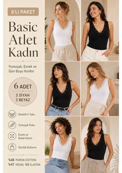 Loule Kadın 6'lı V Yaka Dantel Detaylı Atlet 3 Si Yah-3 Beyaz Çok Renkli