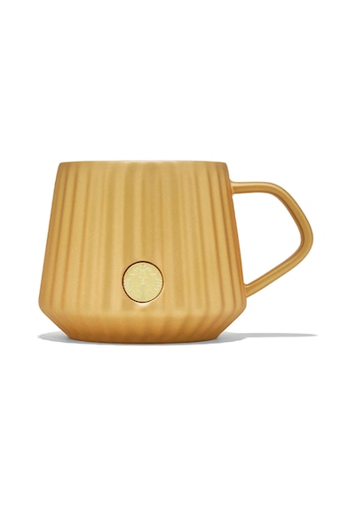 Porselen Çizgili Altın Rengi Kupa Mug 355 Ml Sarı