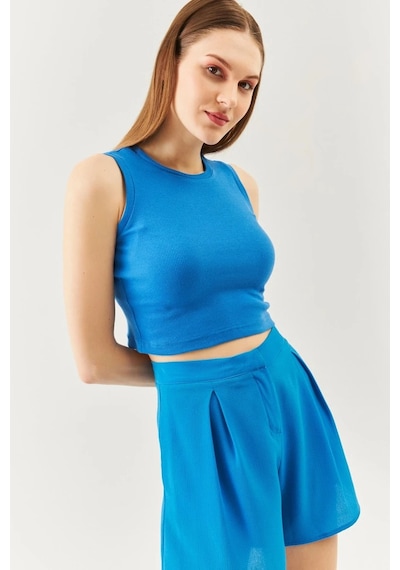 Butikgiz Kadın Sıfır Kol Bisiklet Yaka Vücuda Oturan %100 Pamuklu Kaşkorse Esnek Crop Bluz Parlament/indigo