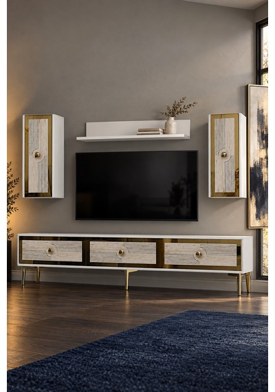 Tvr1816btg Pega Tv Ünitesi Takımı Beyaz-traverten-gold 180cm Beyaz - Traverten - Altın