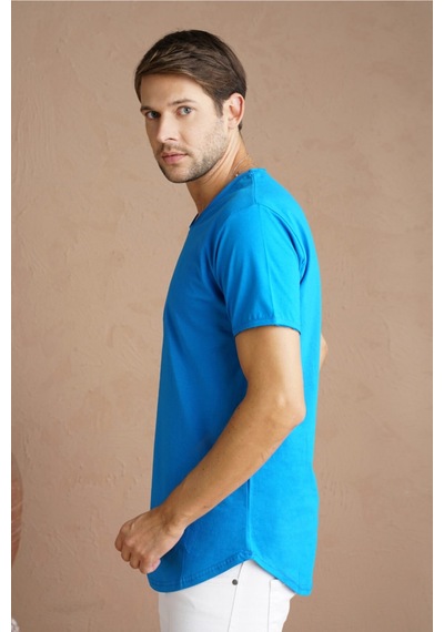 Cool Tarz Saks Erkek Oval Kesim Slim Fit Pis Yaka Salaş T-shirt Saks Saks