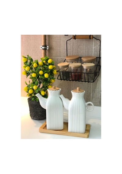 Bambu Standlı 2adet Kare Porselen 1 Lt Yağdanlık&yağlık 3'lu Yağlık Set Yeşil Yeşil