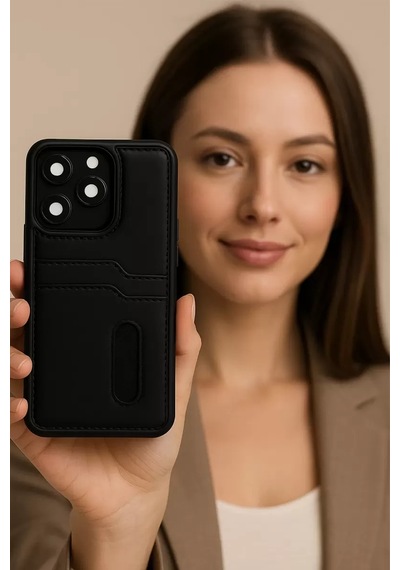 Newface Apple İphone 16e Kılıf Sara Kartvizitli Deri Kılıf - Siyah