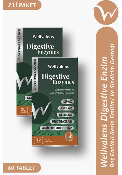 Wellvalens Digestive Enzymes İkili Paket 60 Tablet 5 Li Enzim Kompleksi, Sindirim Desteği