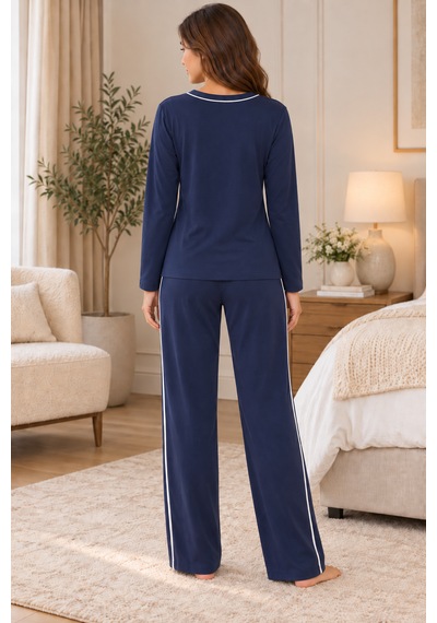 Lılac Kadın %100 Pamuk Beyaz Ara Biyeli Uzun Kollu Lacivert Pijama Takımı