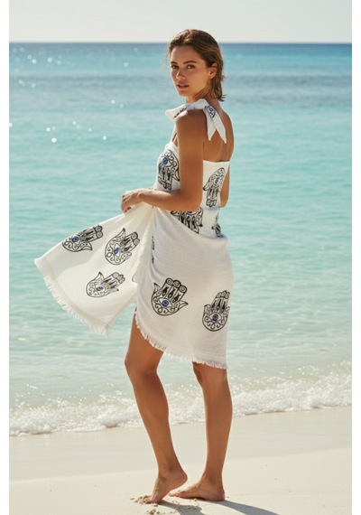 %100 Pamuk Müslin Peştemal Plaj Havlusu 80x180 Cm Püsküllü Yumuşak Sarong Pareo Yüksek Emici Havlu Beyaz