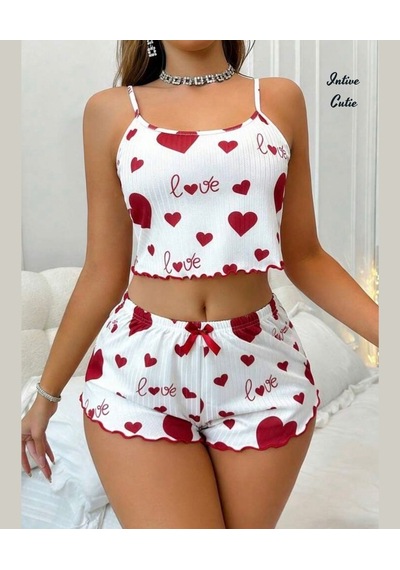 Intive Cutie Love Yazılı Kalp Desenli İnce Askılı Bralet Şort Takım/pijama Takımı Beyaz