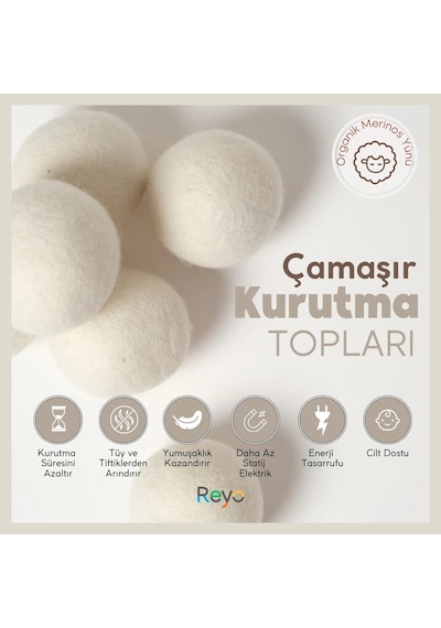 Reyo Yün Çamaşır Kurutma Makinası Topu 3 Adet Xl %100 Organik Beyaz