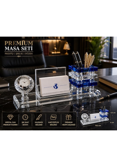 Premium Hediye Ofis Kristal Cam Saatli Kalemlik Kartvizitlik Yönetici Masaüstü Organizer Seti Mavi Çok Renkli