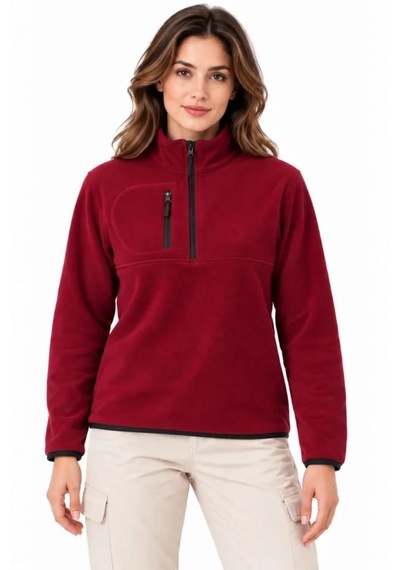 Butik İstanbul Polar Dik Yaka Yarım Fermuarlı Fermuarlı Göğüs Cepli Regular Fit Kışlık Sweatshirt - Bordo
