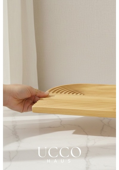 Doğal Bambu Sunumluk - 33x20x1,3cm Kahve, Tatlı, Peynir Oval Oluklu Servis Tabağı Tepsi Krem