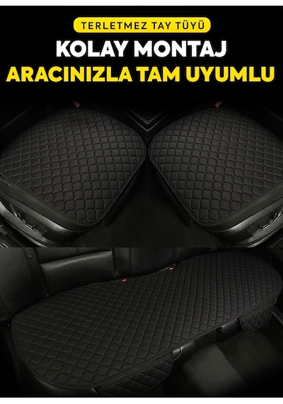 Tay Tüyü Cepli & Terletmez Oto Koltuk Minder Seti - Koltuk Koruma Kılıfı 3'lü Set Siyah-siyah
