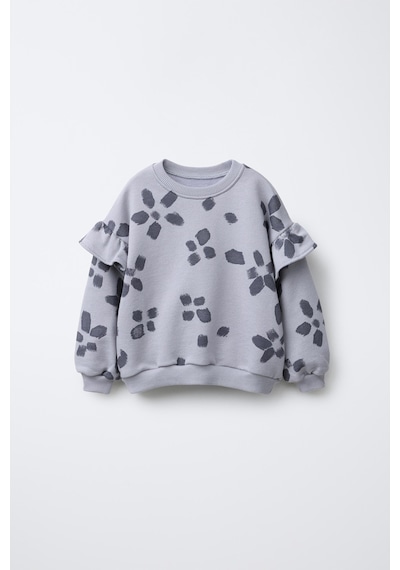 Magu Kız Çocuk Pamuklu Gri Çiçek Desenli Sweatshirt Ve Tayt Takım - Rahat Kesim, Fırfır Detaylı Gri