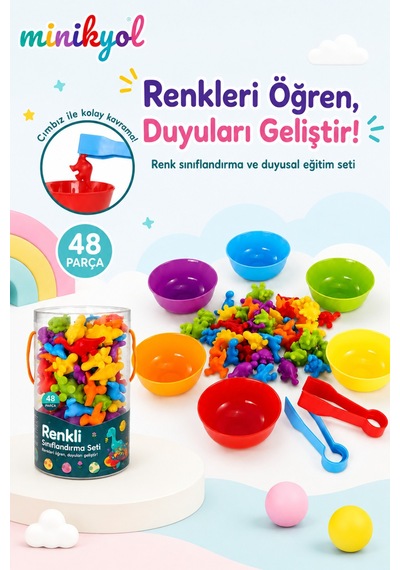 Renk Sınıflandırma Seti Montessori Eğitici Oyuncak Duyusal Gelişim Cımbızlı Renk Eşleştirme Oyunu 3+ Yaş