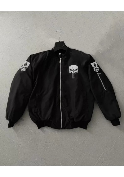 Yake Store Unisex Uzun Kol Kuru Kafa Baskılı Bomber Ceket - Siyah - Siyah
