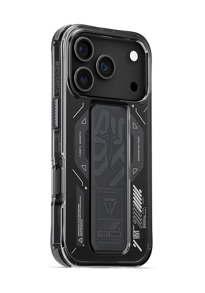 Apple Uyumlu iPhone 17 Pro Kılıf M-safe Teknoloji Desenli Skinarma Helio Mag Charge Standlı Kapak Füme Füme