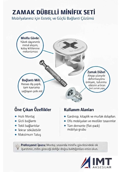 İmt Aksesuar Zamak Metal Dübelli Minifix Gövde Mil Ve Dübel Seti - Mobilya Ve Dolap Bağlantı Elemanı 20 Takım Metalik