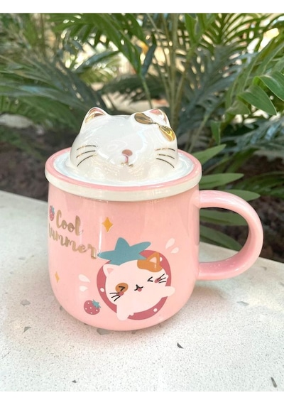Kawai 3d Kedi Kapaklı Kaşıklı Kupa Bardak Pembe
